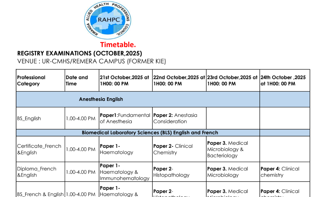 TIMETABLE — REGISTRY EXAMINATIONS (OCTOBER 2025)